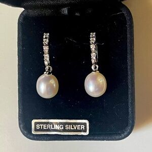 HONORA .925 Sterling 9mm Wht Freshwater Cultured Pearls & CZ  Drop Hoop Earrings